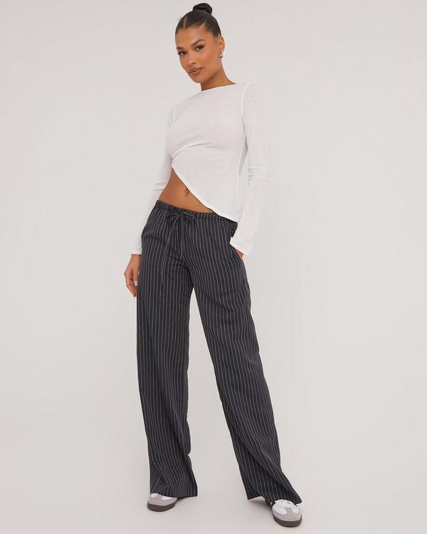 Low Rise Tie Waist Wide Leg Slouchy Trousers In Navy Pinstripe