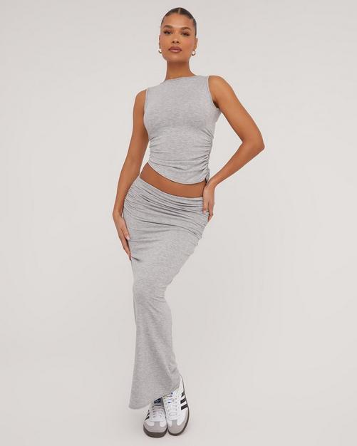Fashion Women Two Piece Ruched Dress Set Long Sleeve Crop Top & Casual  Maxi-dark Grey