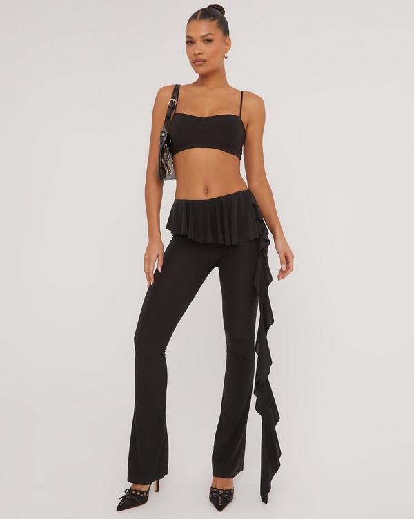 High Waist Frill Detail Skinny Flared Trousers In Black Slinky