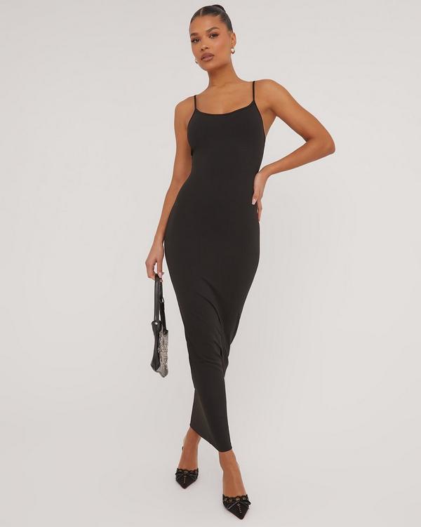 Black Slinky Scoop Neck Ruched Bodycon Strappy Maxi Dress