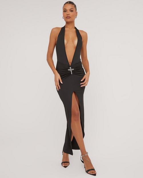 Extreme Plunge Halterneck Maxi Dress In Black Shirred