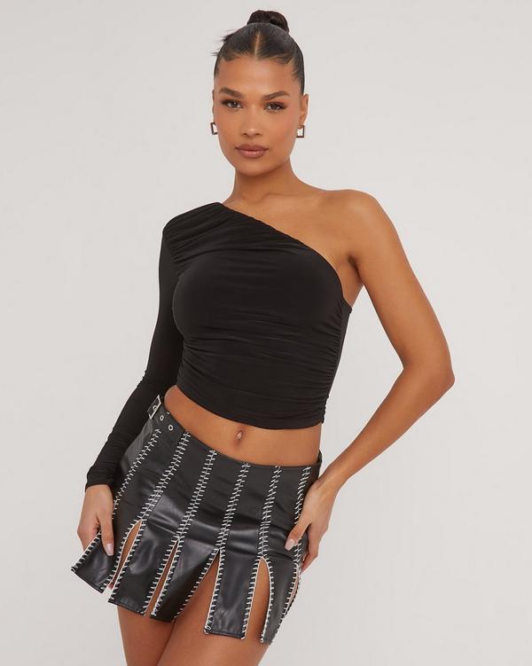 Black faux leather shop contrast stitch mini skirt