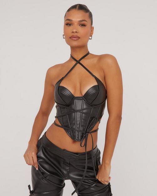 New Black Faux Leather Halter Styled Lace-up Corset Top by Orchard Corset