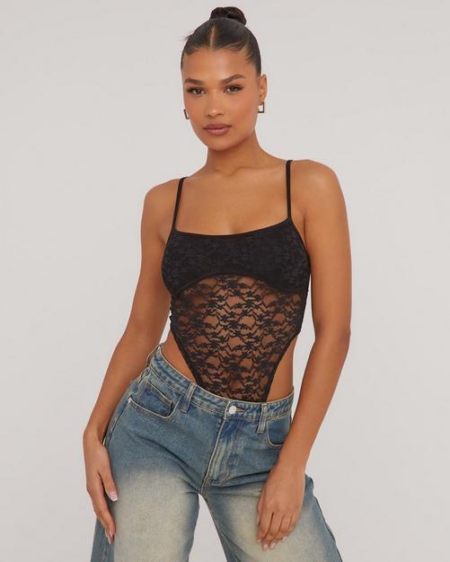 Shoulder Tie Lace Bodysuit Black