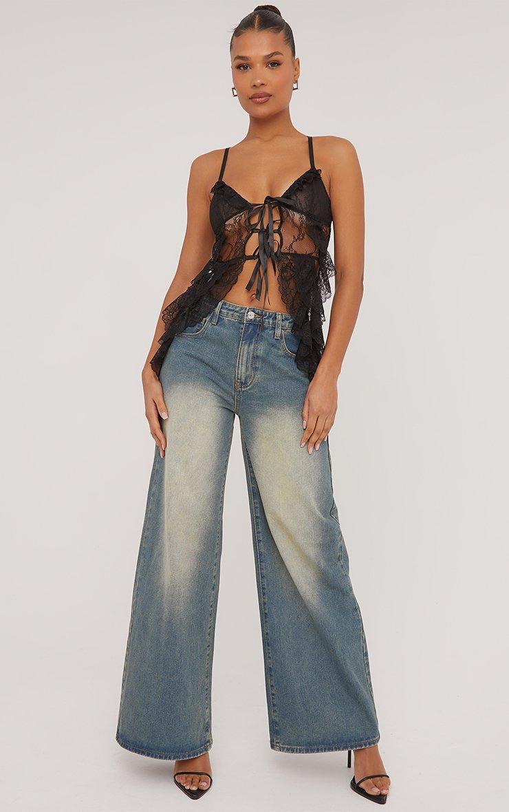 Plunge Tie Front Detail Tiered Frill Strappy Top In Black Lace