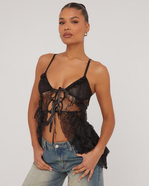 Hook And Eye Detail Strappy Corset Crop Top In Black Lace