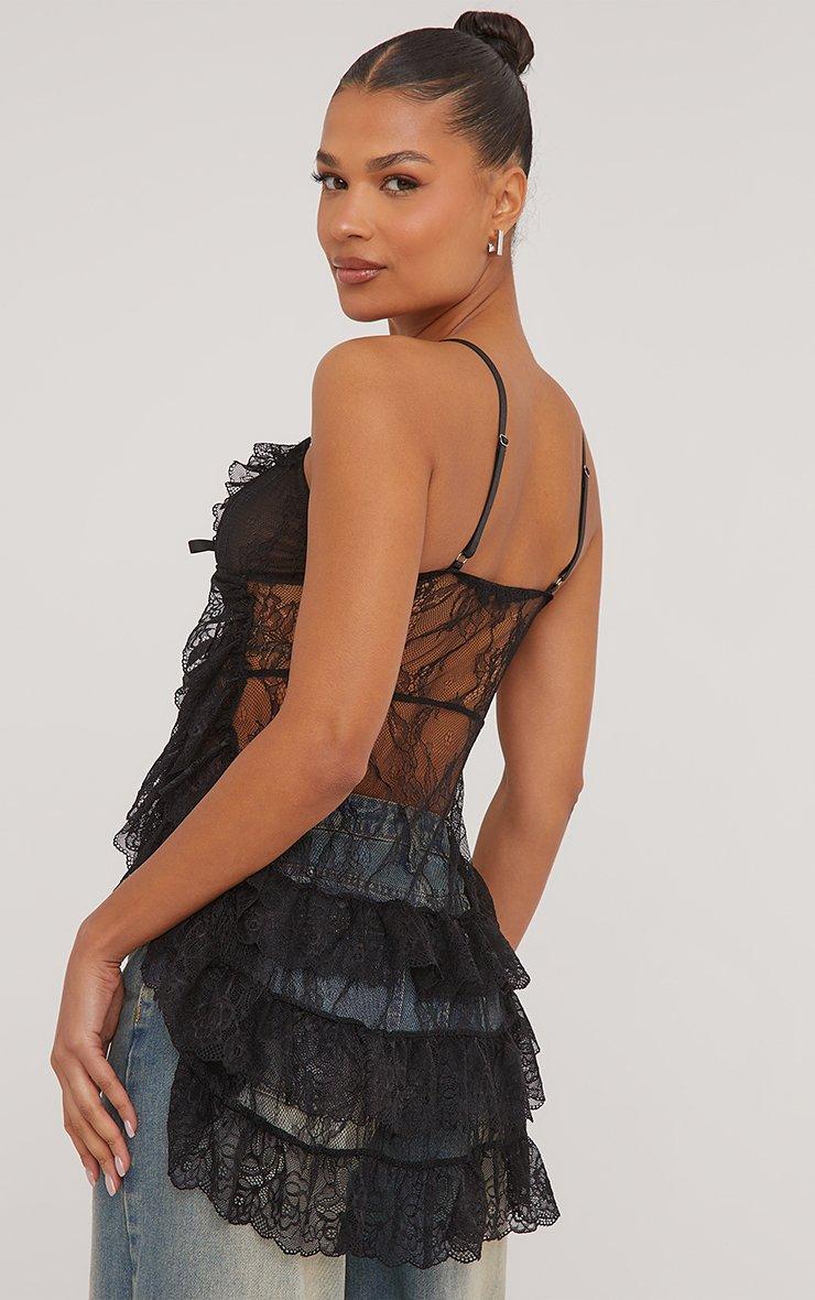 Plunge Tie Front Detail Tiered Frill Strappy Top In Black Lace