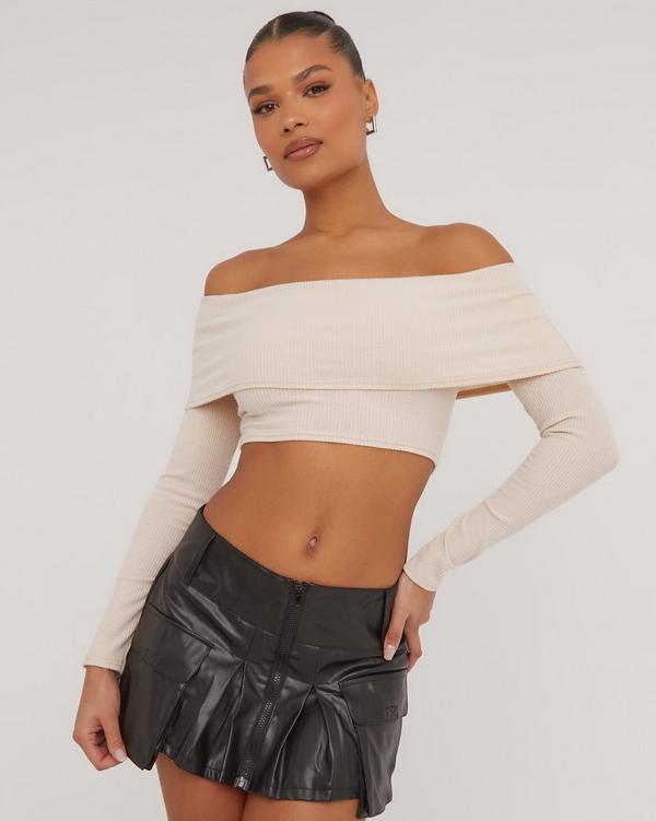 White bardot crop top long outlet sleeve