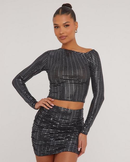 Double Layer Mesh Long Sleeve Suspender Detail Crop Top In Black Slinky