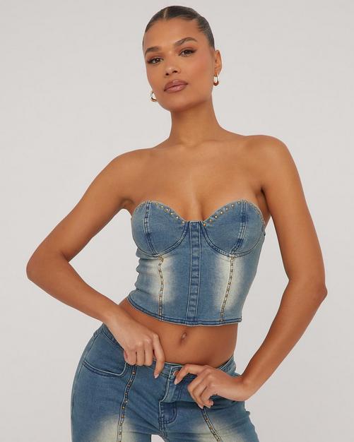 Talk of the Town Denim Corset Crop Top - Medium Wash