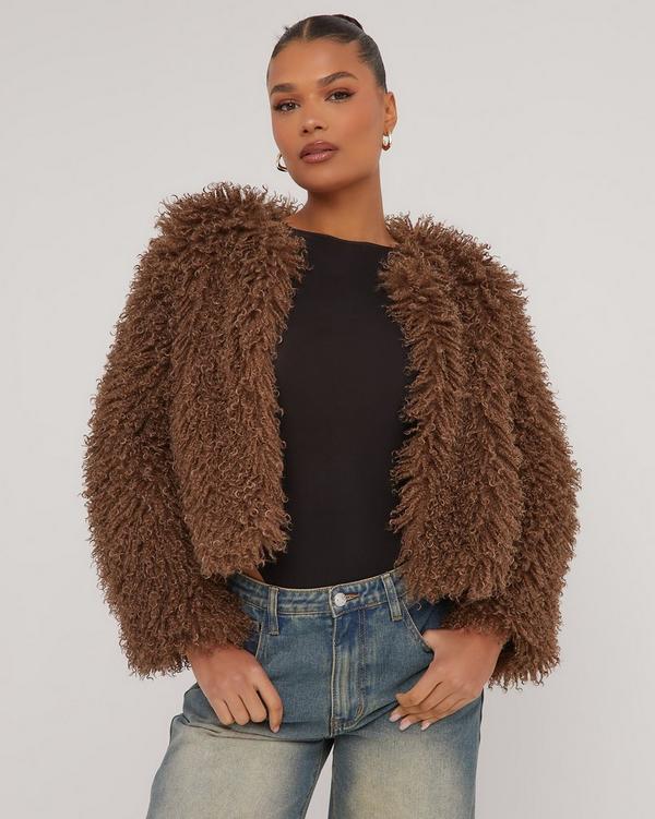 Oversized Jacket In Chocolate Brown Shaggy Faux Fur EGO