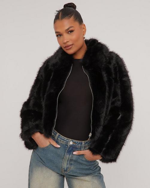 Collared Bubble Detail Zip Up Coat In Black Faux Fur