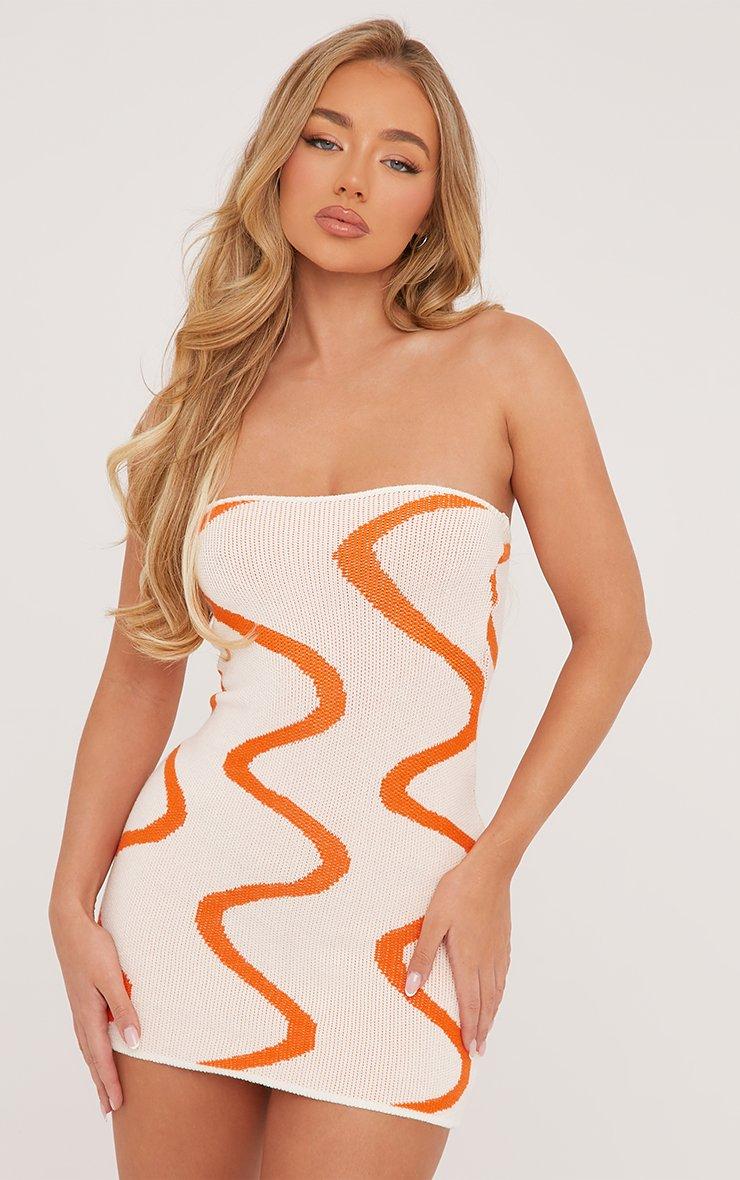 Bandeau Orange Wave Detail Mini Bodycon Dress In Cream Knit | EGO EU | EGO