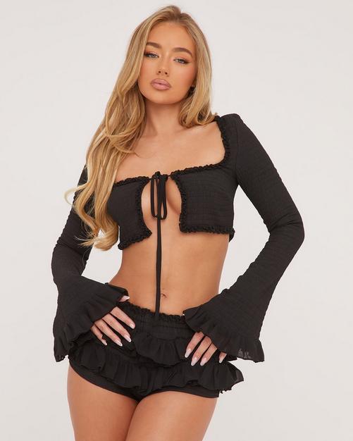 Long Sleeve Cut Out Diamond Detail Crop Top In Black | EGO