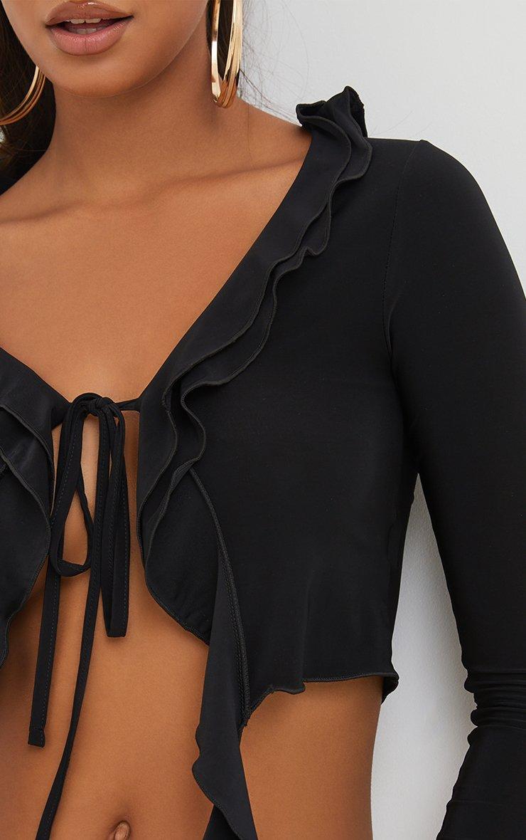Long Sleeve Tie Front Frill Detail Crop Top In Black Slinky | EGO