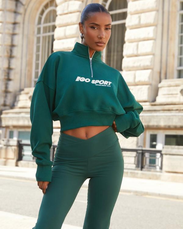 Long Sleeve Half Zip Ego Sports Graphic Cropped Jumper In Forest Green EGO