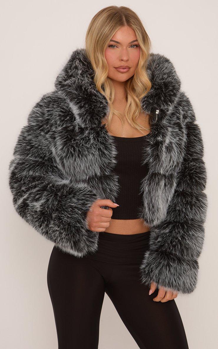 Hooded Cropped Puffer Coat In Grey Faux Fur | EGO Shoes Hooded Cropped Puffer Coat In Grey Faux Fur | EGO Shoes
