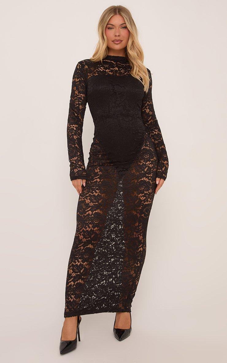 High Neck Long Sleeve Maxi Dress In Black Lace | EGO US | EGO