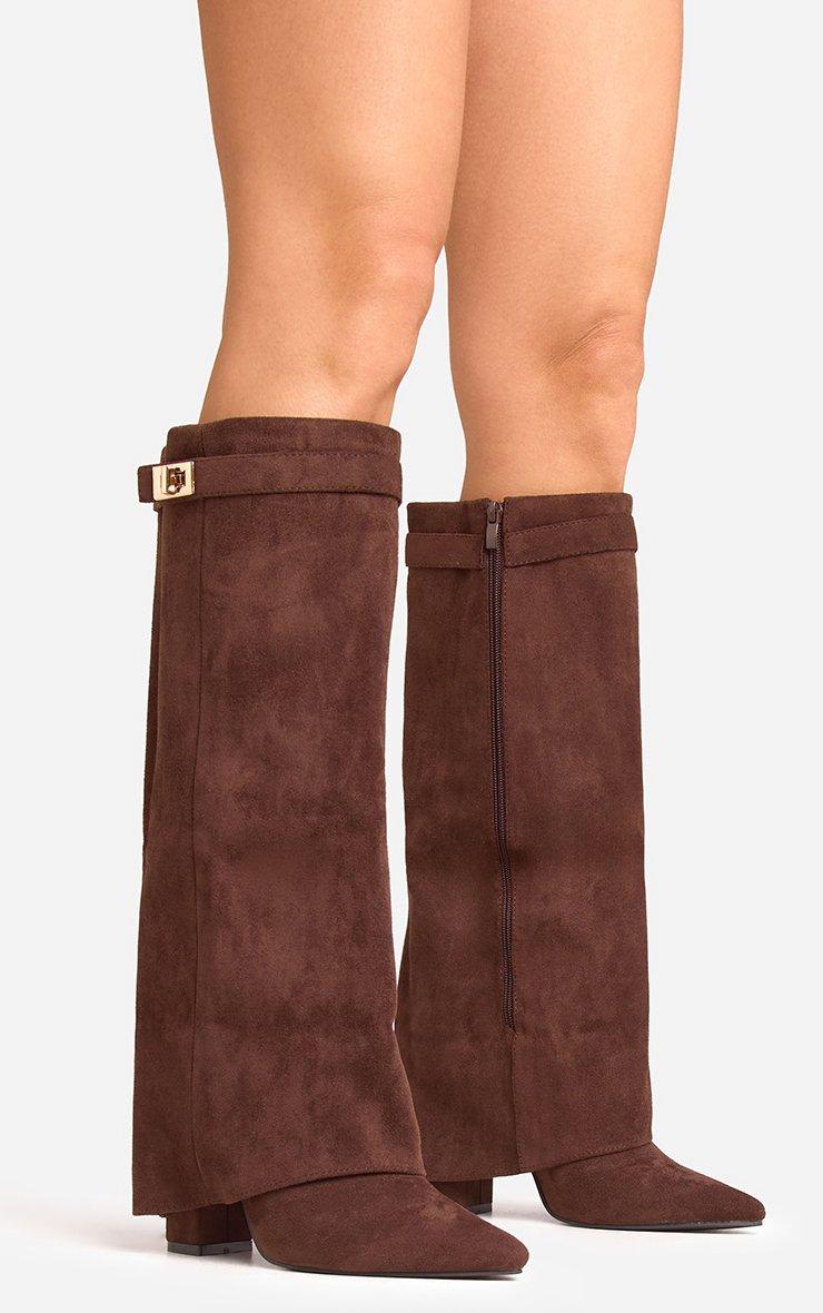 Devin Lock Layered Detail Pointed Toe Block Heel Knee High Long Boot In Brown Faux Leather