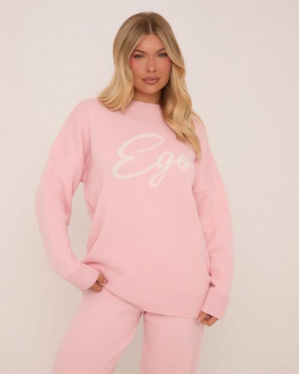 Oversized Crew Neck Ego Slogan Jumper In Pink Knit EGO