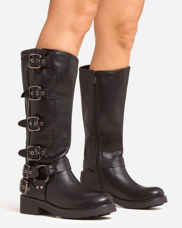 Lucius Multi Buckle Detail Chunky Knee High Long Biker Boot In Black Faux Leather EGO