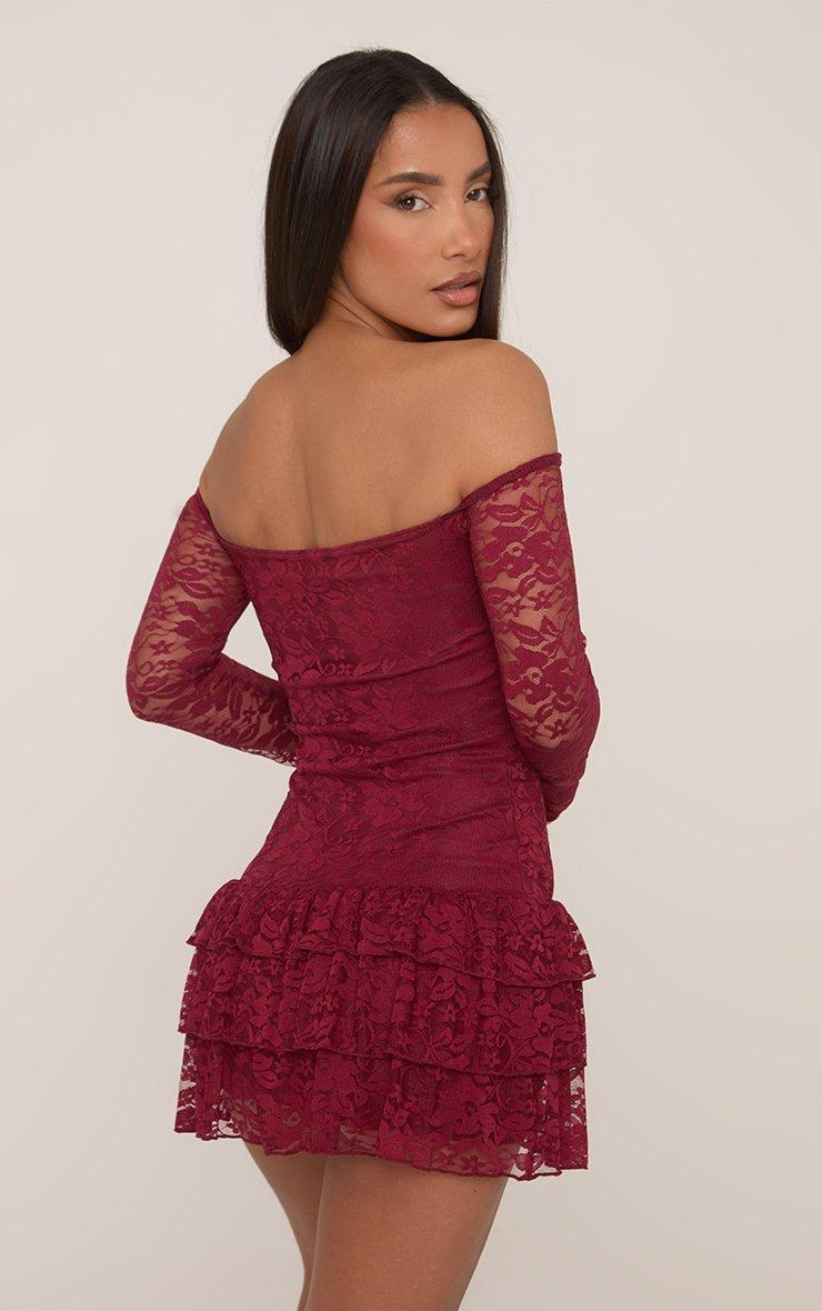 Long Sleeve Bardot Frilled Hem Mini Dress In Burgundy Lace | EGO US | EGO