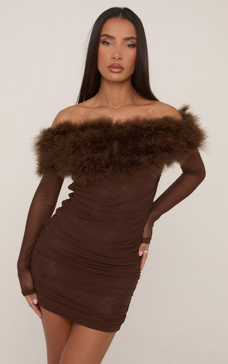 Faux Feather Bardot Long Sleeve Ruched Mini Dress In Chocolate Brown Mesh |  EGO US | EGO