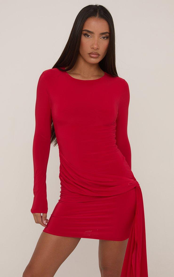 cheap red bodycon dress Mattea Slinky And Mesh Mini Dress With Scarf / Red | MESHKI