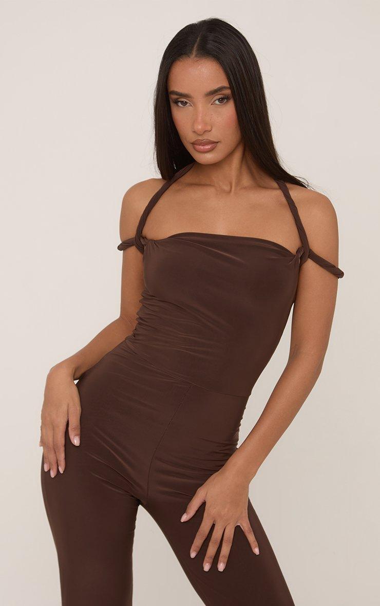 Square Neck Twist Rope Detail Straight Leg Jumpsuit In Chocolate