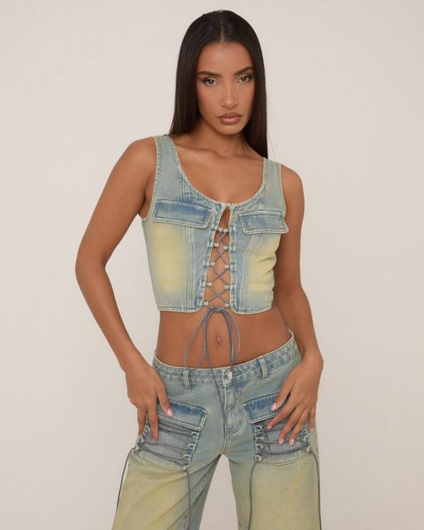 【melt the lady】lace up cropped tops Sleeveless Lace Up Front Crop Top In Light Blue Vintage Wash
