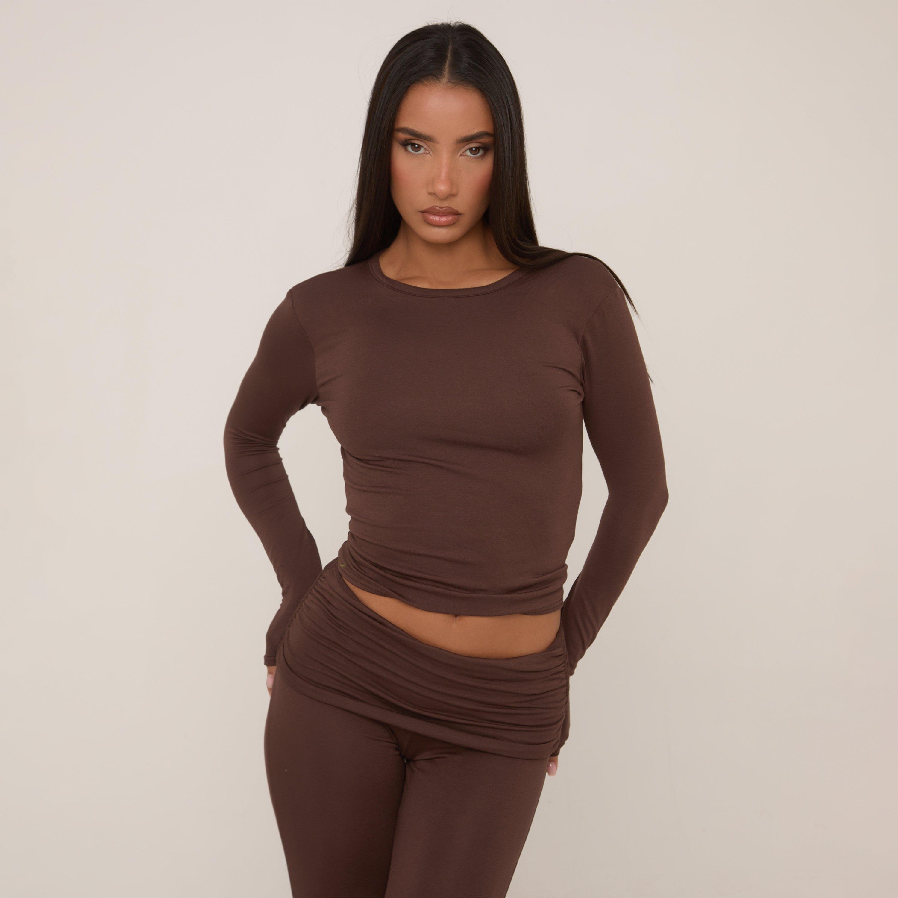 Image of Long Sleeve Crew Neck Top In Chocolate Brown, Women's