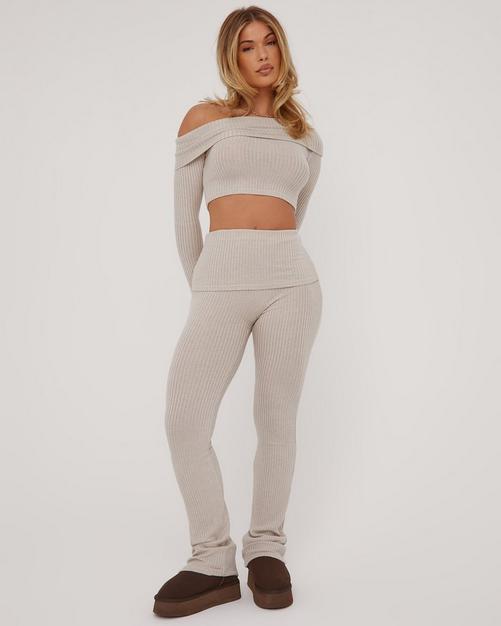 Ribbed Leggings And Crop Top Co Ord Set Beige