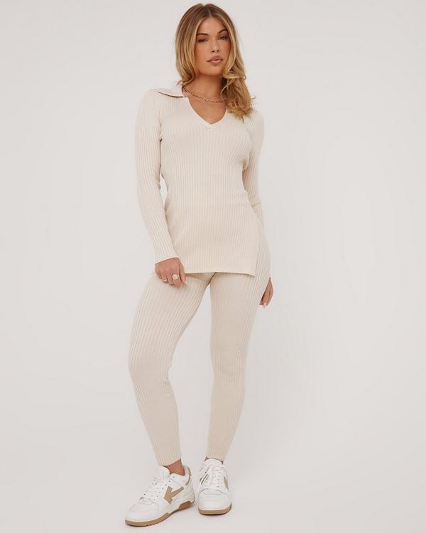 Long Sleeve Collared Detail Top And High Waist Leggings Co-Ord Set In Cream  Ribbed Knit