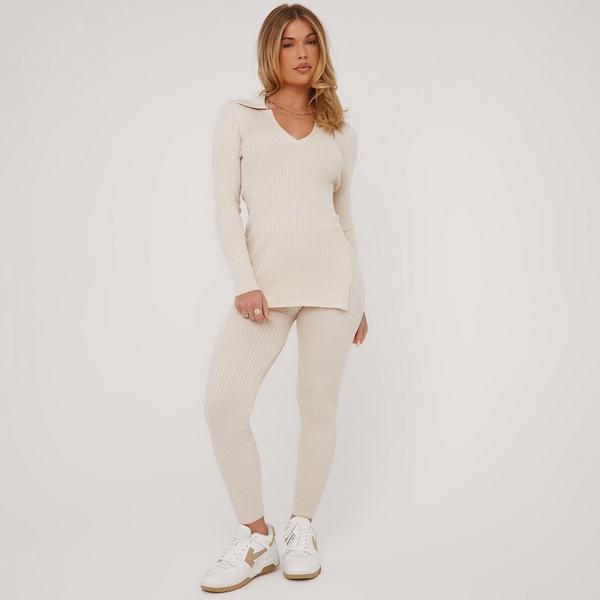 Long Sleeve Collared Detail Top And High Waist Leggings Co-Ord Set In Cream  Ribbed Knit