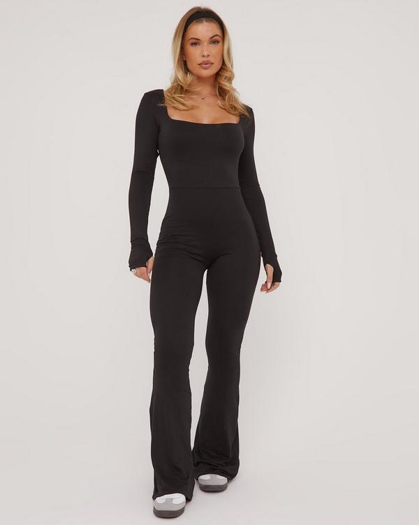 Women Ribbed Knit Yoga Jumpsuits Long Sleeve Square Neck Bodycon