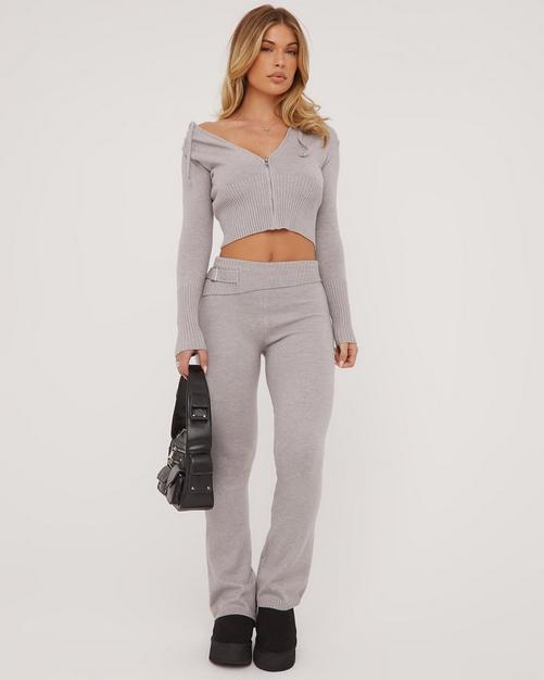 Long Sleeve Tie Waist Detail Zip Up Cropped Cardigan In Stone Knit