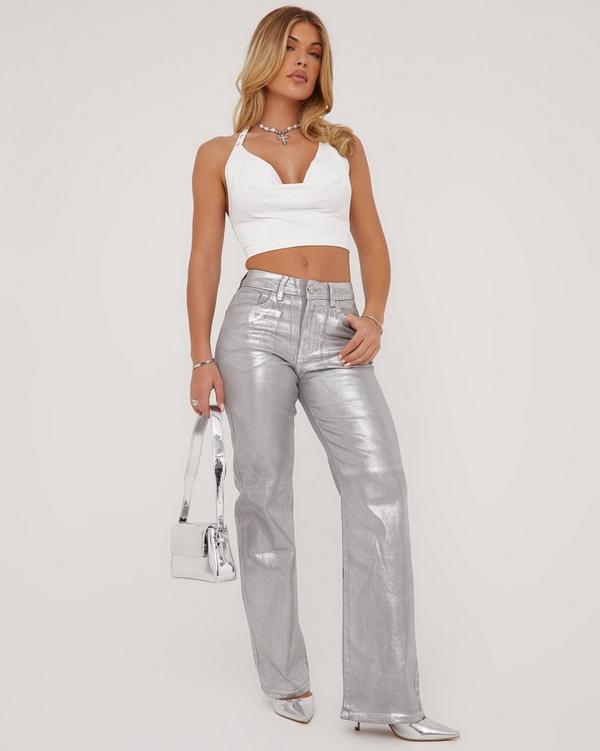 Fold Over Waistband Detail Flared Trousers In Dark Grey