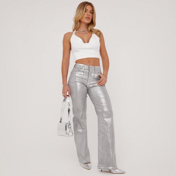 Mid Rise Silver Metallic Foil Spray Detail Straight Leg Jeans In Silver  Denim