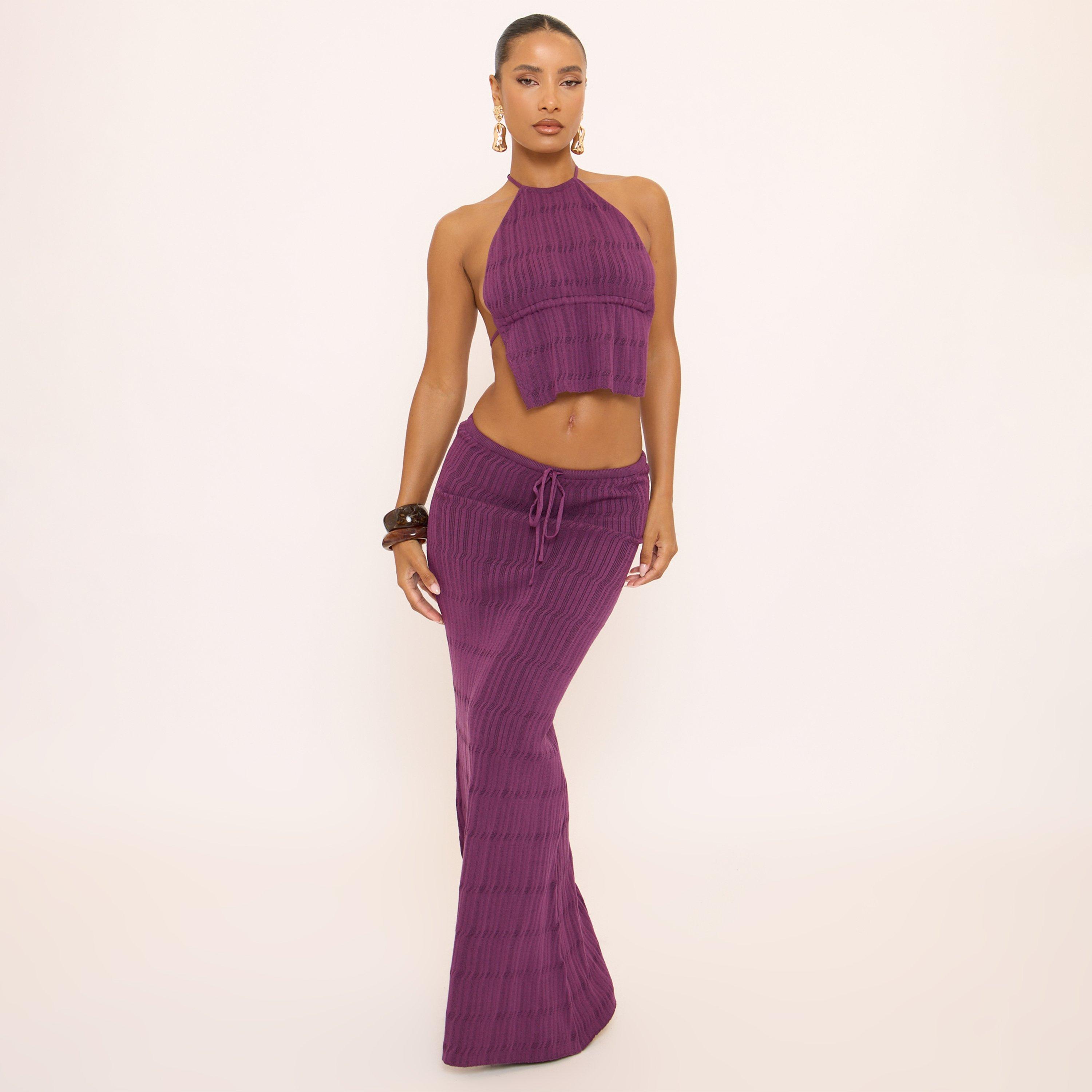 Low Rise Tie Waist Maxi Skirt In Purple Crochet Knit, Women’s