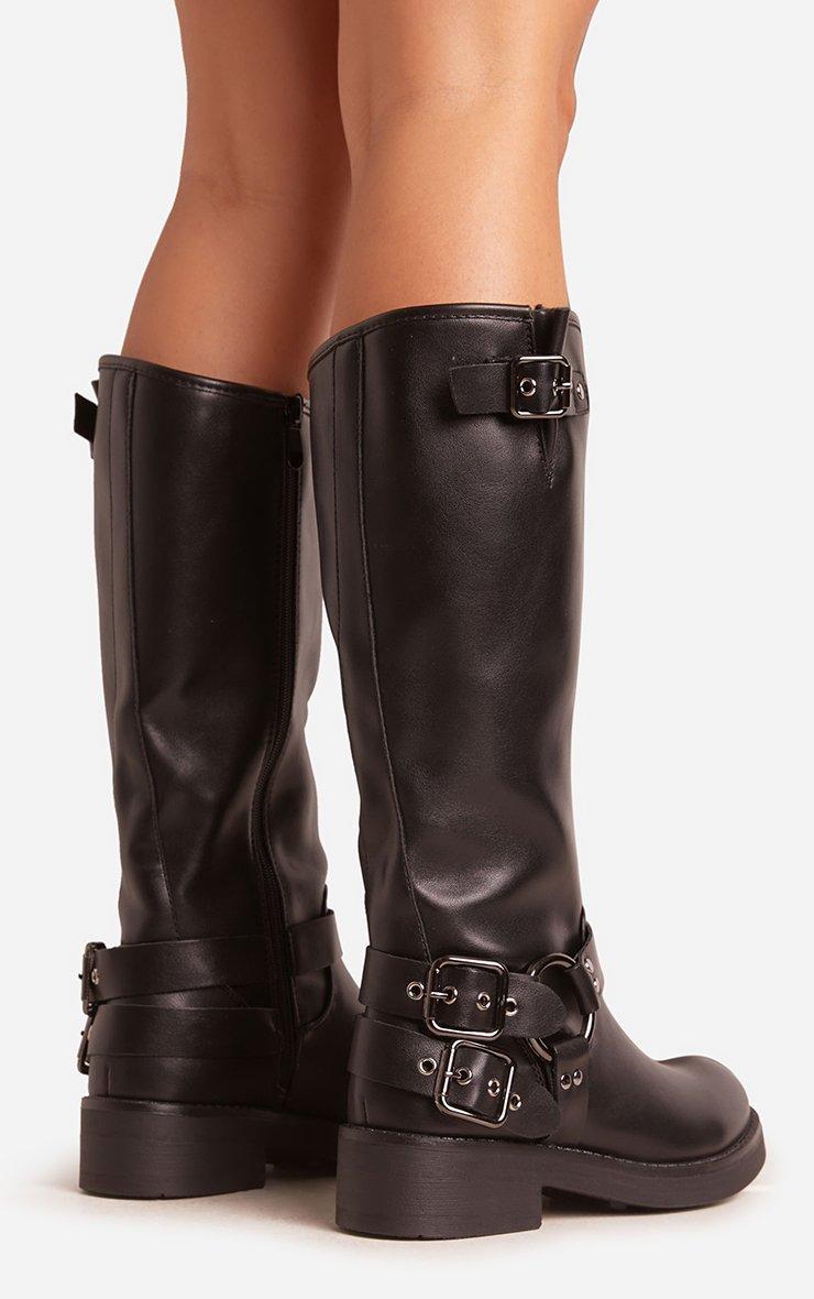 【m.l 2025.8.7】COS LEATHER BIKER BOOTS Azura Side Buckle Detail Midi Calf Biker Boot In Black Faux