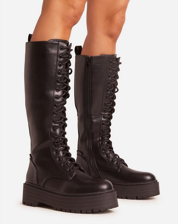 Keiley Lace Up Chunky Platform Knee High Biker Boot In Black Faux Leather EGO