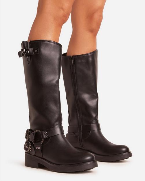 Darla Knee High Long Flat Biker Boot In Black Faux Leather EGO