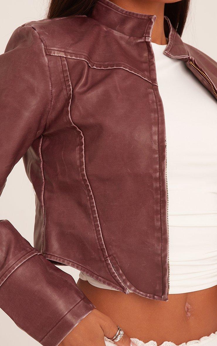 High Neck Zip Front Cropped Biker Jacket In Burgundy Faux Leather