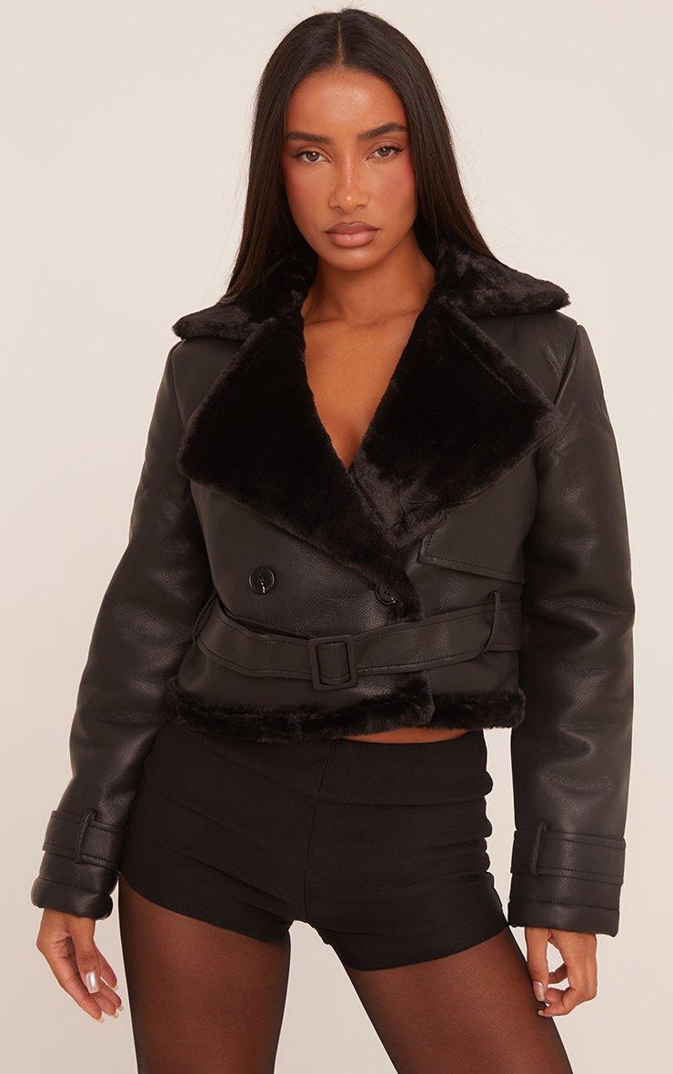 Belted Waist Faux Fur Lining Aviator Jacket In Black Faux Leather