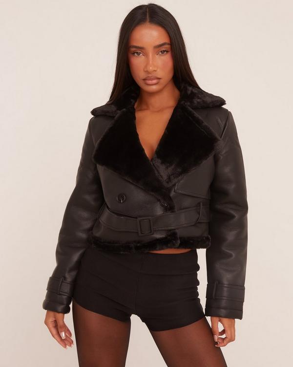 Black aviator jacket cream fur best sale