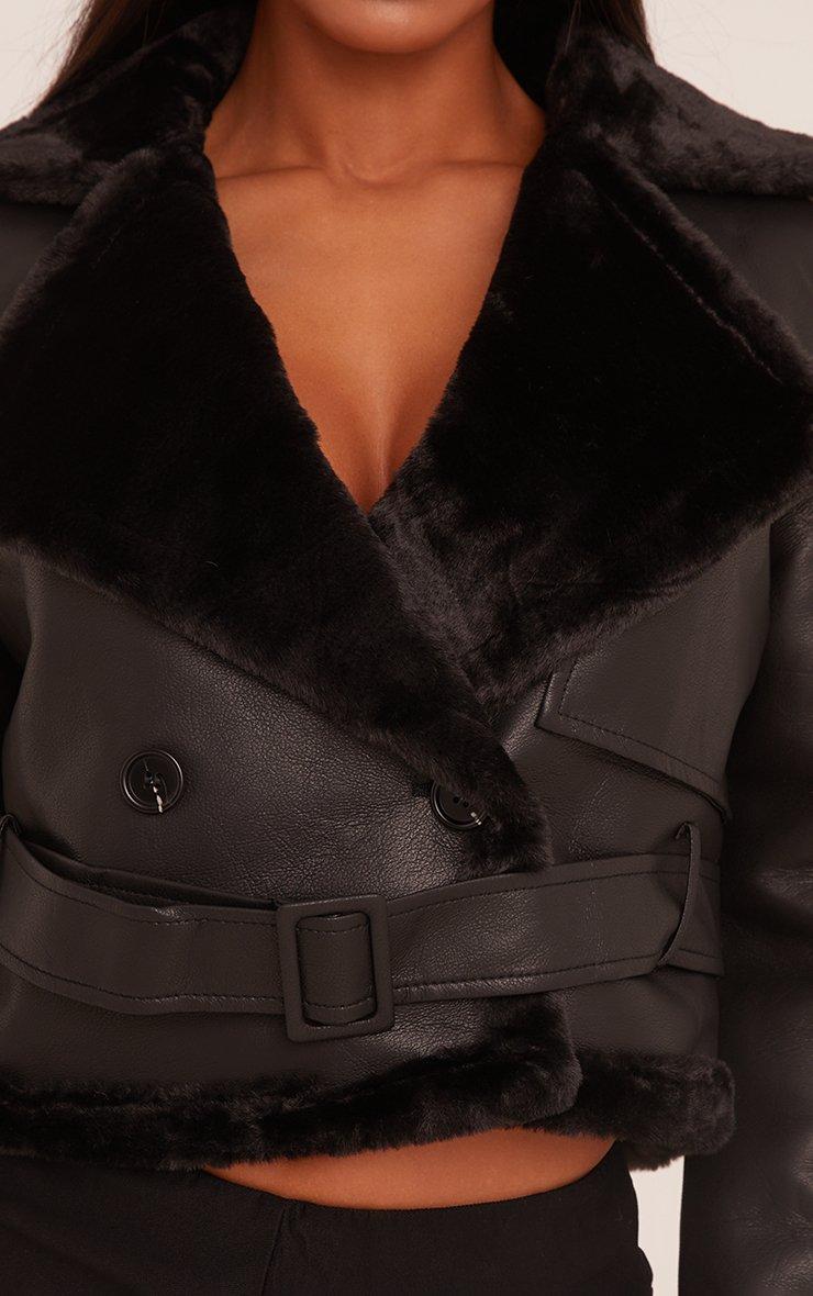 Belted Waist Faux Fur Lining Aviator Jacket In Black Faux Belted Waist Faux Fur Lining Aviator Jacket In Black Faux