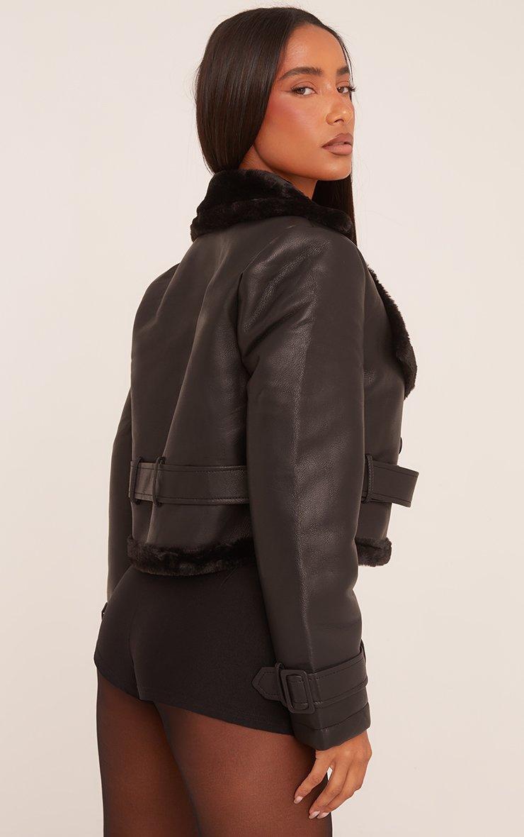 Belted Waist Faux Fur Lining Aviator Jacket In Black Faux Leather