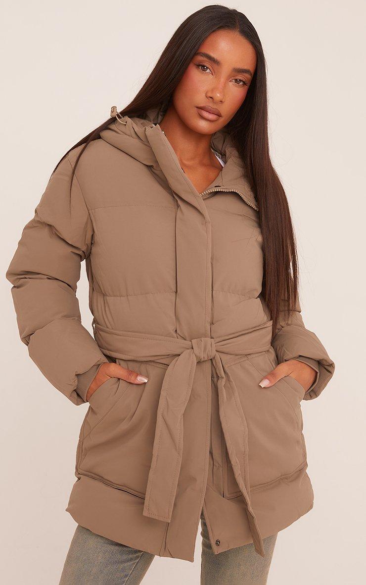 Belted Waist Puffer Coat In Khaki Green | EGO US | EGO