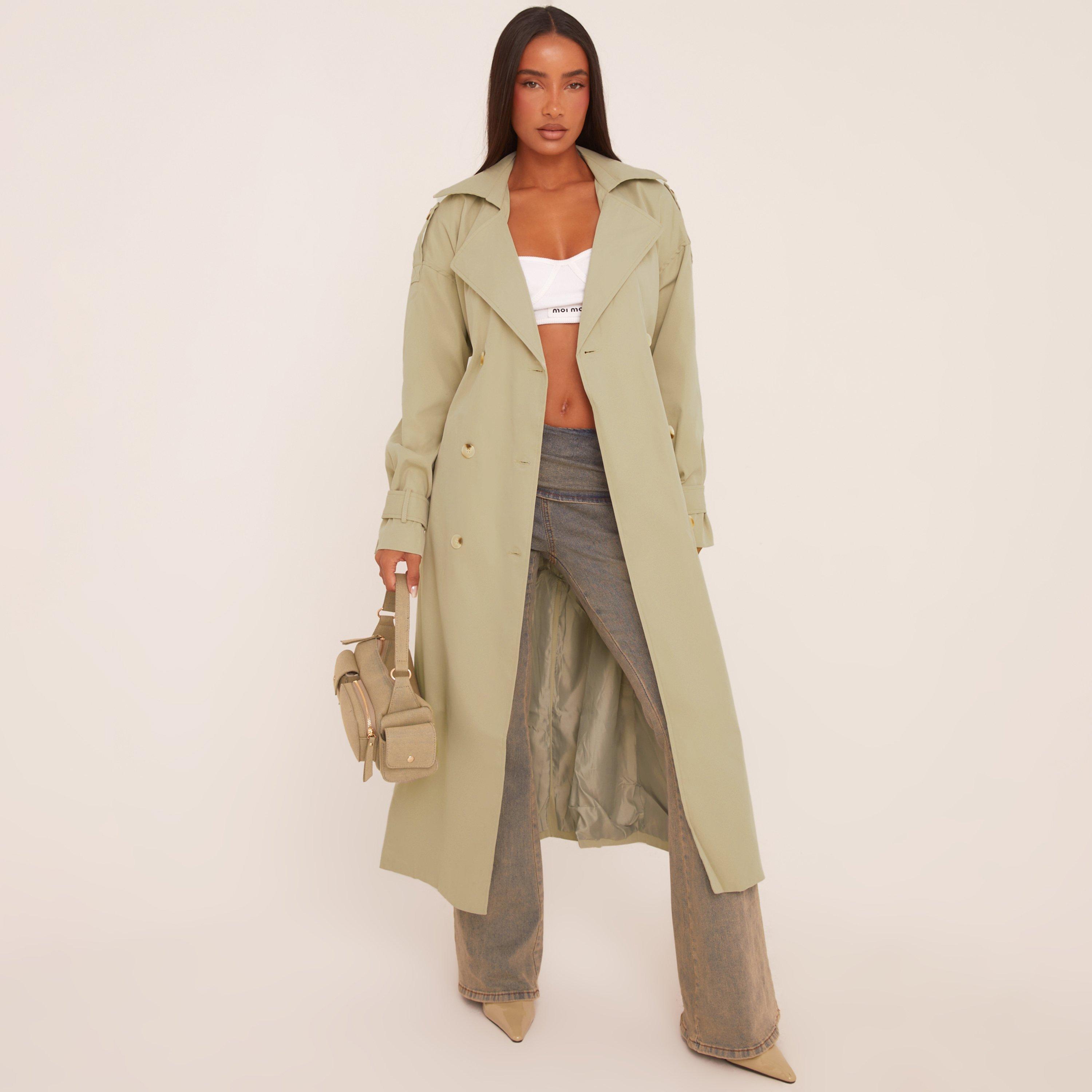Button Front Trench Coat In Sage Green, Women's Size UK 14