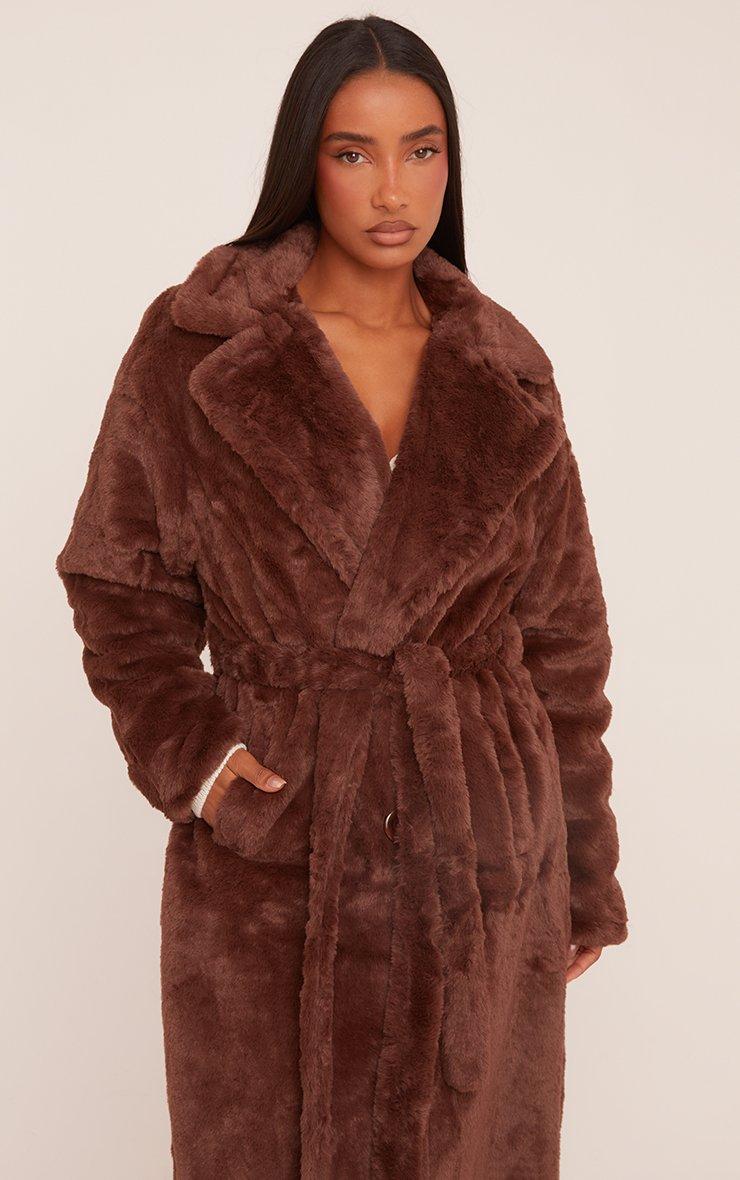 Belted Waist Maxi Coat In Brown Faux Fur | EGO US | EGO